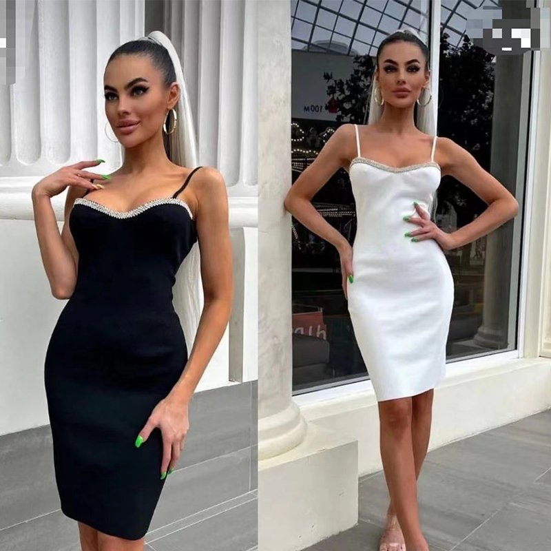 Wholesale Rhinestone Bandage Dress Square Neck Spaghetti Strap Backless Sexy Bodysuit Party Club Dress