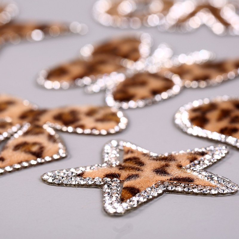 hot sale heart star bow design leopard fabric iron on rhinestone patches applique for shoes clothes cap