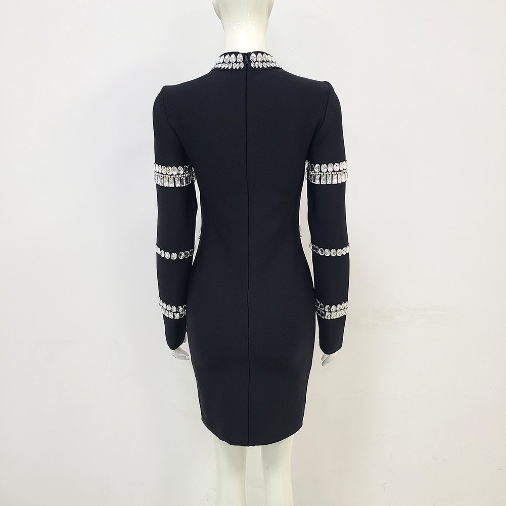Wholesale High-quality Rhinestone Design Long-sleeved Bandage Dress Black Classic Solid Color Handmade Casual Formal