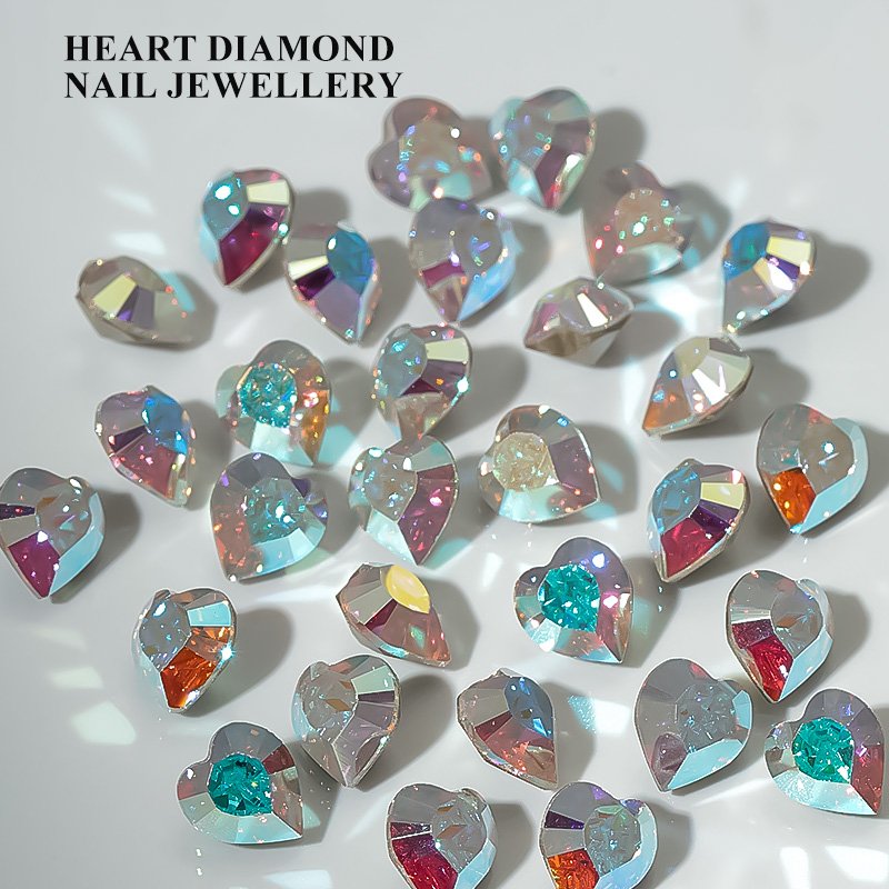 Bulk Wholesale Colorful K9 Heart Crystals Charms Rhinestone For Nails Heart Drill Super Flash Nail Ornament Tip Bottom