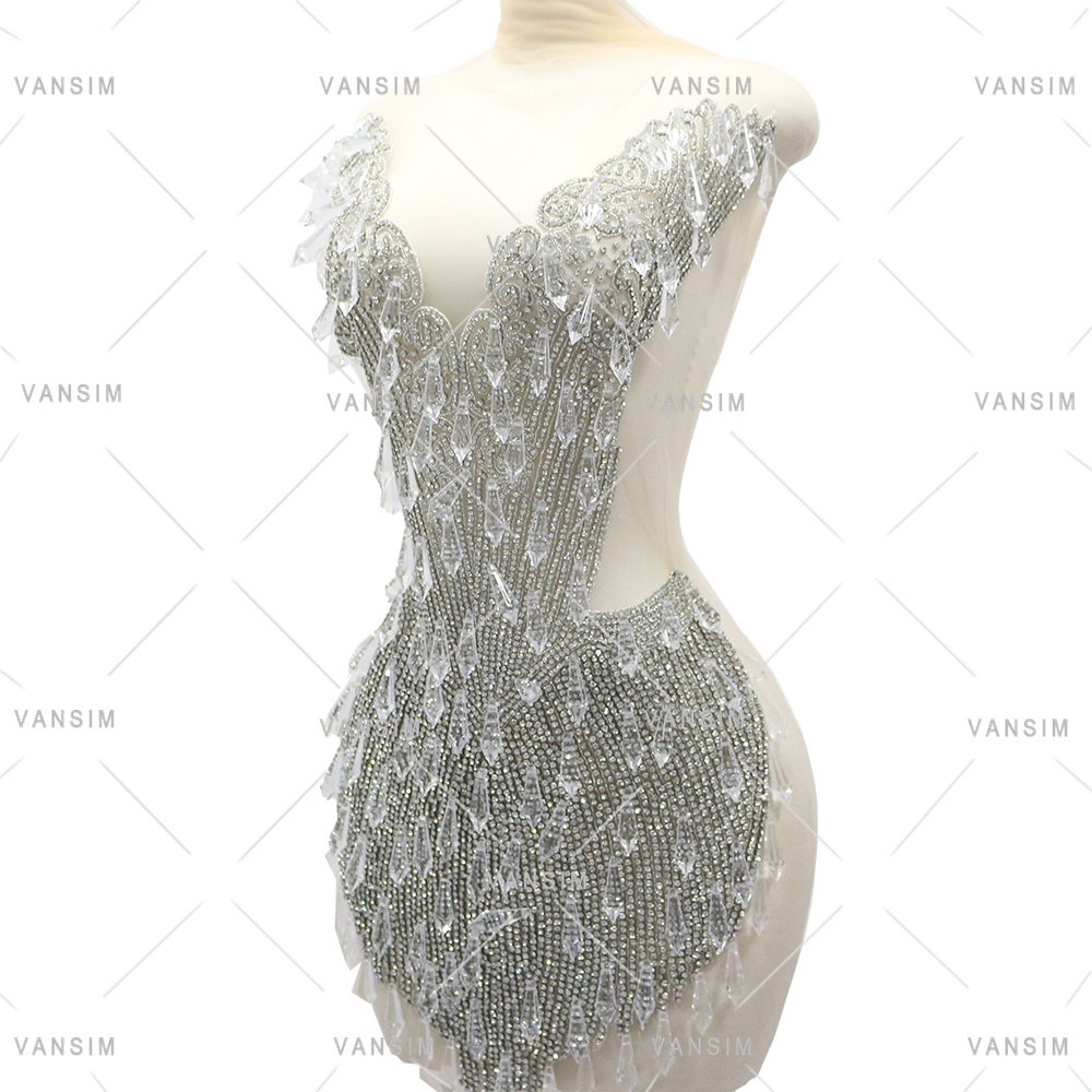 2025 New Design Wedding Dress Silver Crystal Seed Beads With Drop Tip Pendant Acrylic Rhinestone Bodice Applique For Garment
