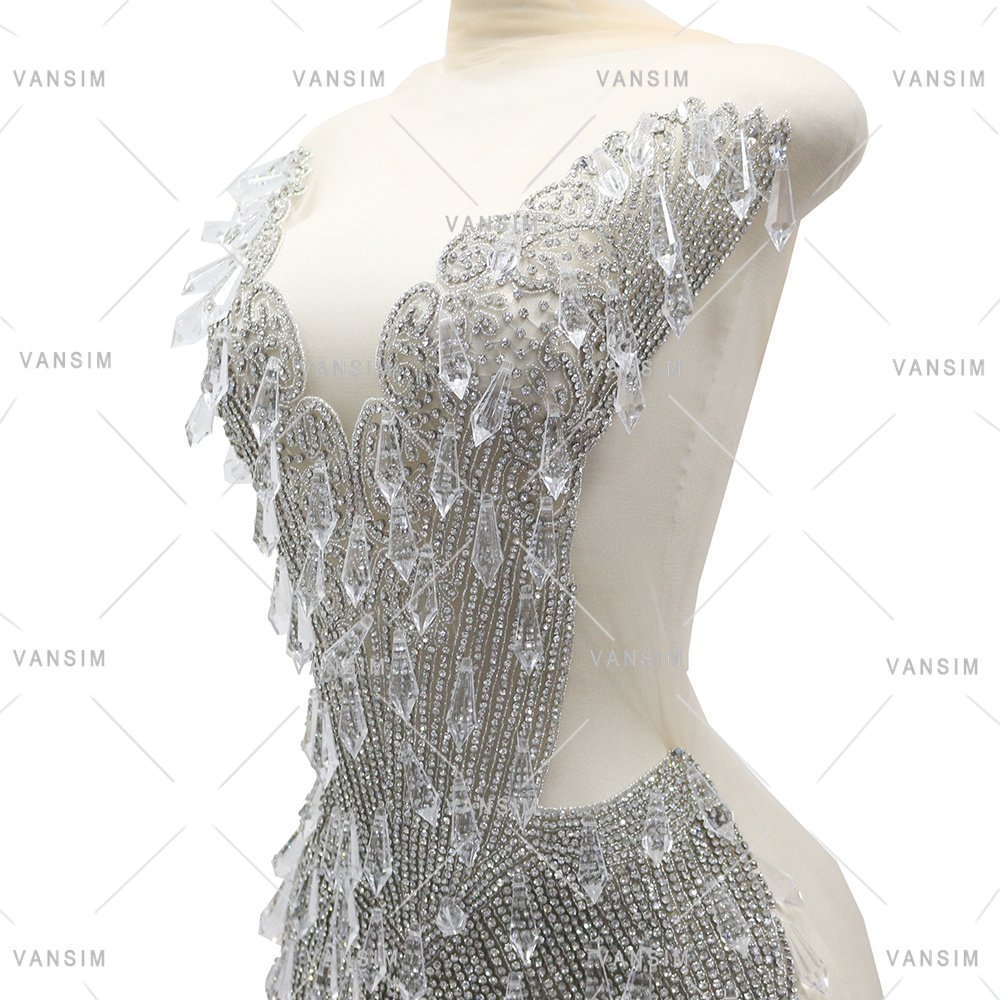 2025 New Design Wedding Dress Silver Crystal Seed Beads With Drop Tip Pendant Acrylic Rhinestone Bodice Applique For Garment