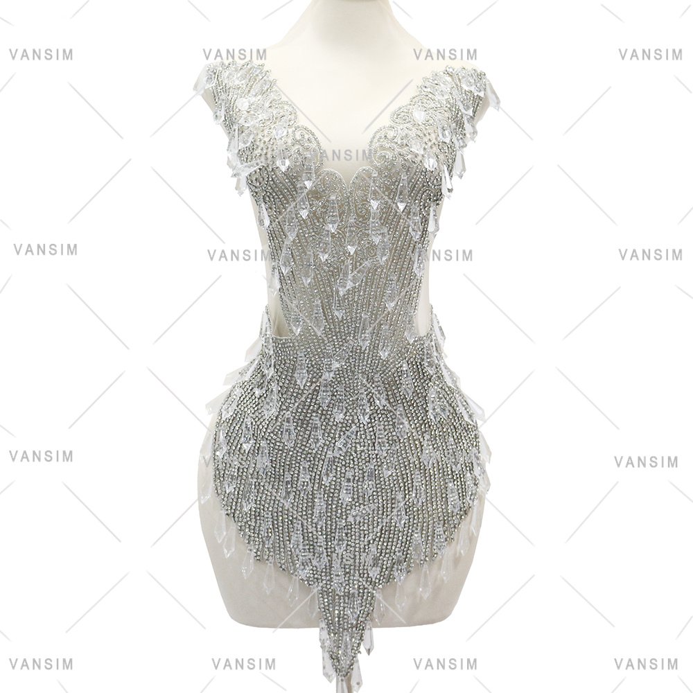 2025 New Design Wedding Dress Silver Crystal Seed Beads With Drop Tip Pendant Acrylic Rhinestone Bodice Applique For Garment