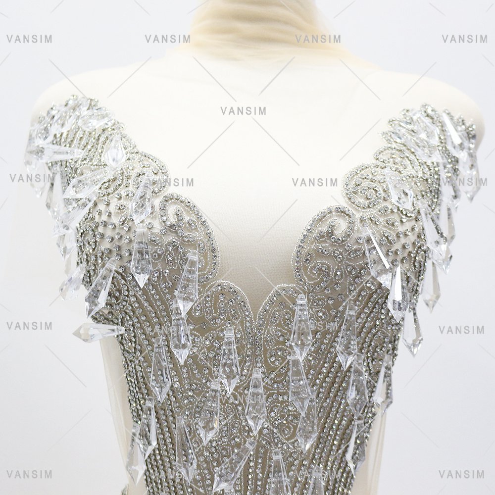 2025 New Design Wedding Dress Silver Crystal Seed Beads With Drop Tip Pendant Acrylic Rhinestone Bodice Applique For Garment