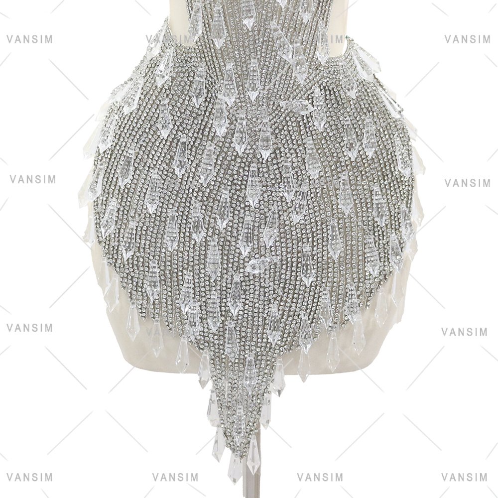 2025 New Design Wedding Dress Silver Crystal Seed Beads With Drop Tip Pendant Acrylic Rhinestone Bodice Applique For Garment