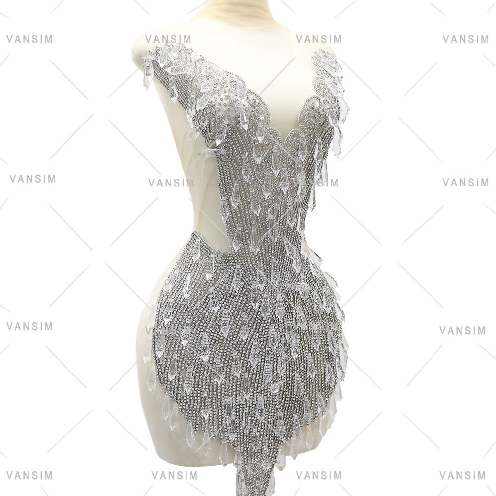 2025 New Design Wedding Dress Silver Crystal Seed Beads With Drop Tip Pendant Acrylic Rhinestone Bodice Applique For Garment