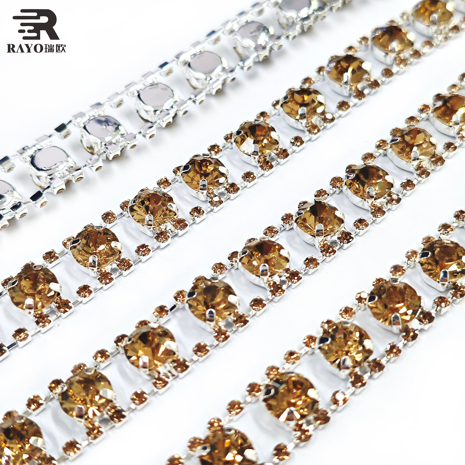 Wholesale Rhinestone Trimming Gold Crystal Chain Embroidery Neck Applique Beads Roll with Colorful Design Chains