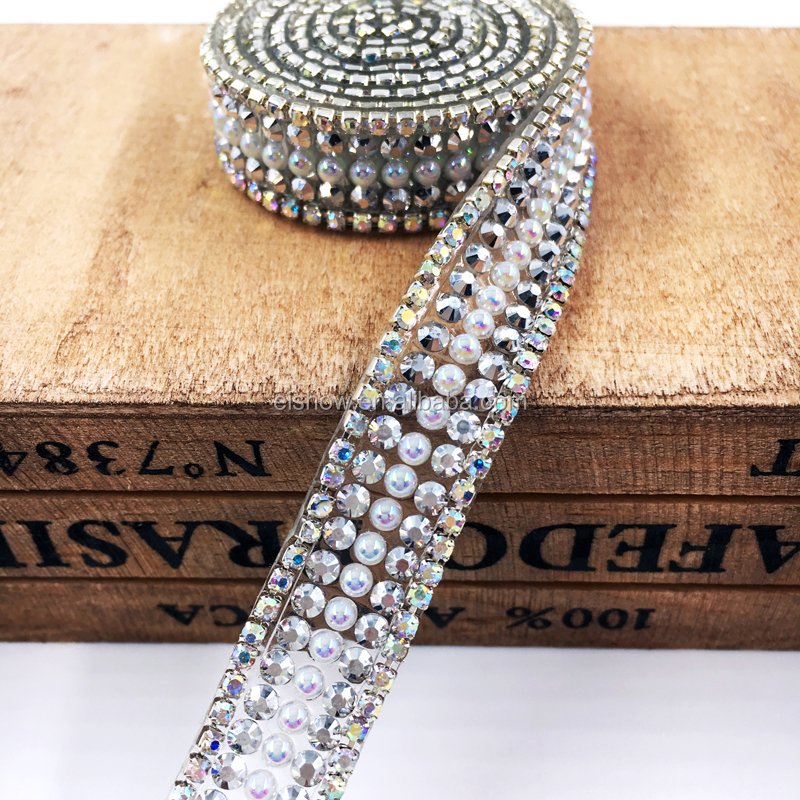 Iron On Heat Transfer Design Pearl And Rhinestone Chain Hot Fix Trim For Shoes