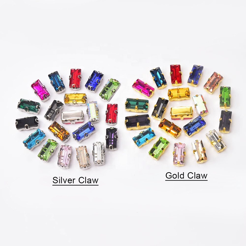 5*10mm Rectangle Rhinestones with Gold Silver Claw Setting Handmade Sew on Glass Crystal DIY Clothing Shoes Bags Accessories