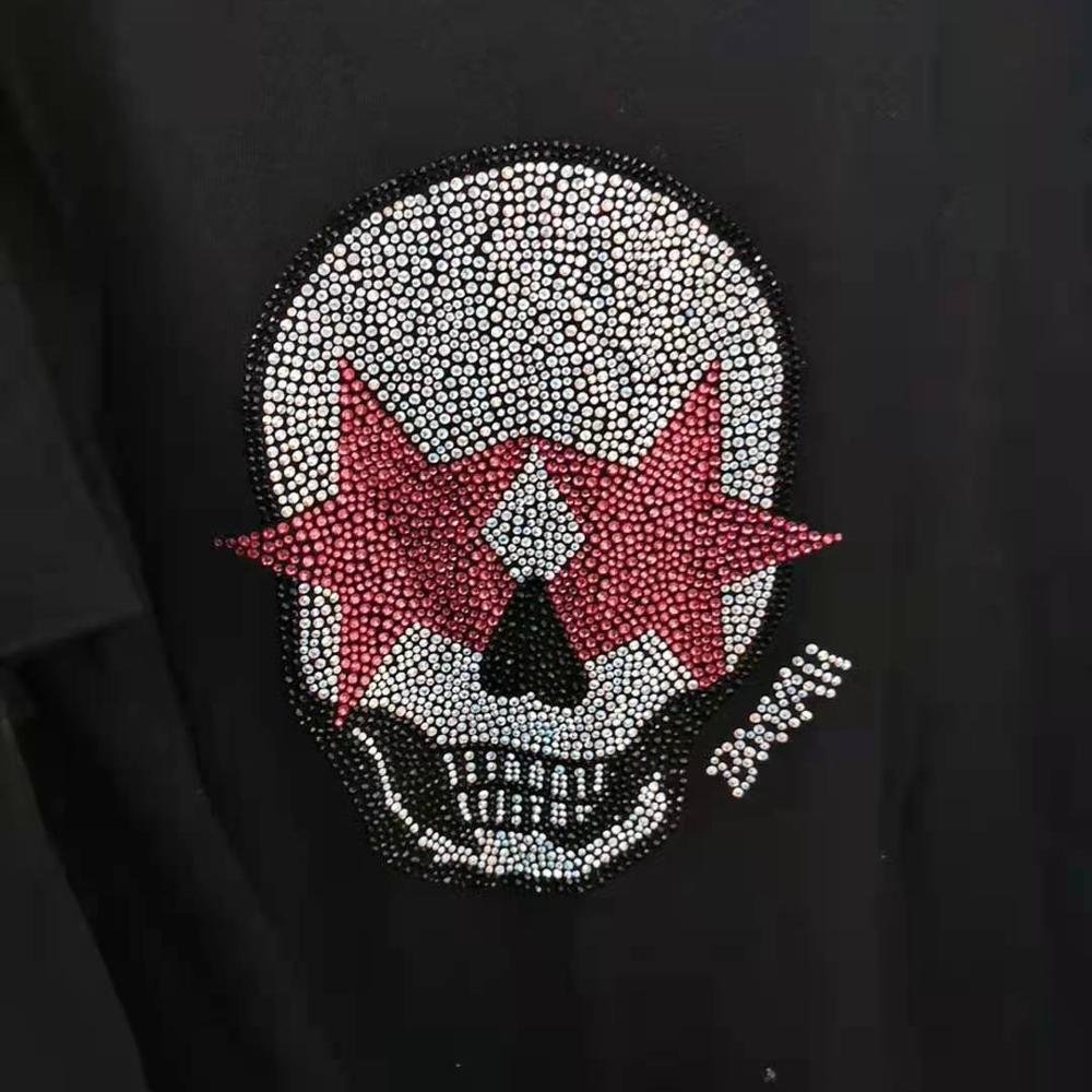 Custom fashionable DMC shinny strong glue Rhinestones skull hotifx motifs skull design