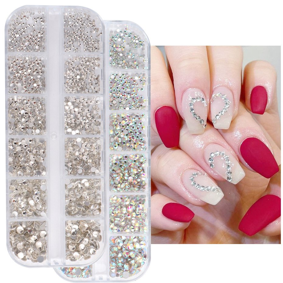 New 12 Grid Box White AB Popular Shiny Nail Art Diamond Glass Flat Bottomed Diamond Nail Rhinestones