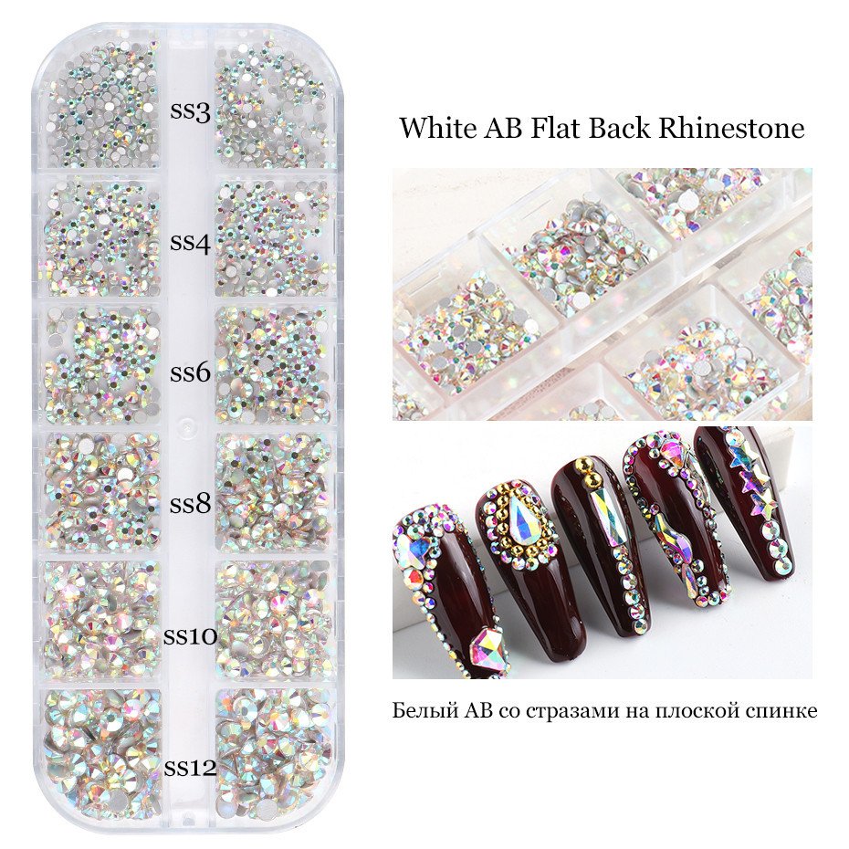 New 12 Grid Box White AB Popular Shiny Nail Art Diamond Glass Flat Bottomed Diamond Nail Rhinestones