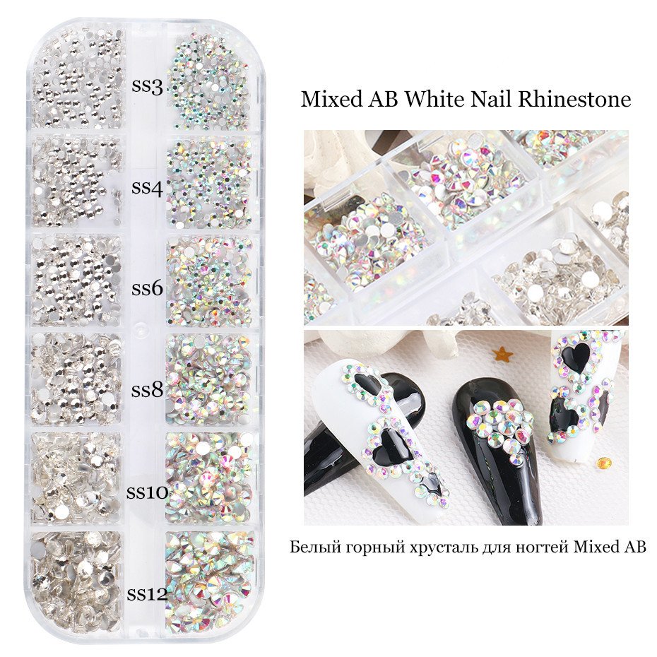 New 12 Grid Box White AB Popular Shiny Nail Art Diamond Glass Flat Bottomed Diamond Nail Rhinestones