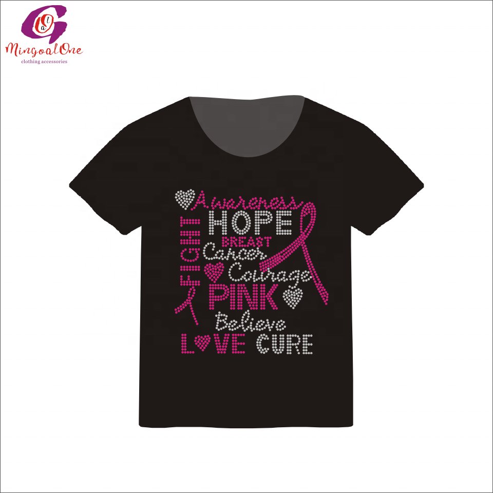 Factory Direct Selling Shiny Pink Ribbon Hot Fix Rhinestone Transfer Design GIRLS FIGHT STRONG Rhinestone Heat Transfer