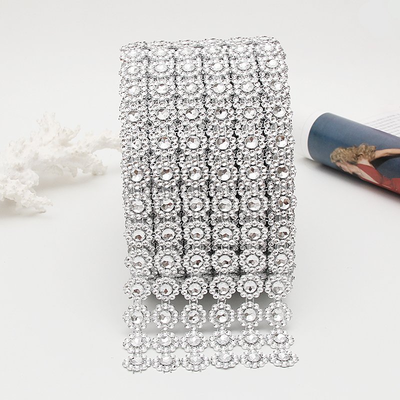 Garment Accessories 1 Roll 6 Row Silver Sunflower Rhinestone Crystal Pp Flower Mesh Wrap Ribbon For Clothing Accessories