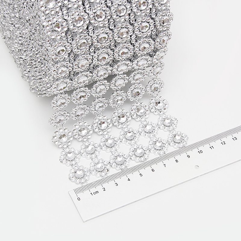 Garment Accessories 1 Roll 6 Row Silver Sunflower Rhinestone Crystal Pp Flower Mesh Wrap Ribbon For Clothing Accessories
