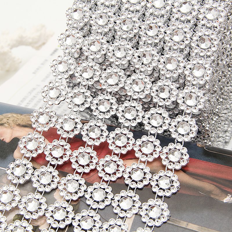 Garment Accessories 1 Roll 6 Row Silver Sunflower Rhinestone Crystal Pp Flower Mesh Wrap Ribbon For Clothing Accessories