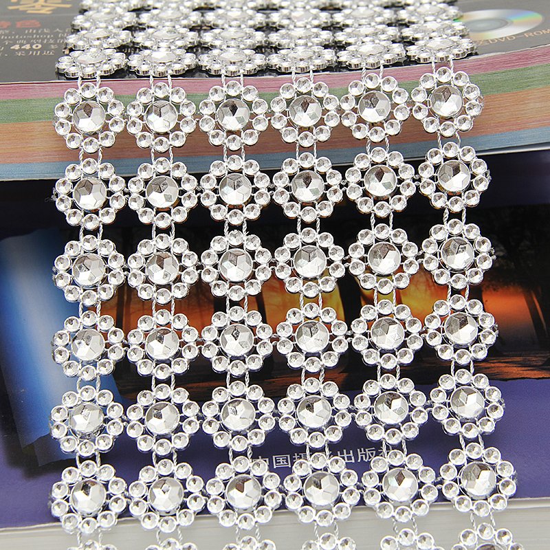 Garment Accessories 1 Roll 6 Row Silver Sunflower Rhinestone Crystal Pp Flower Mesh Wrap Ribbon For Clothing Accessories