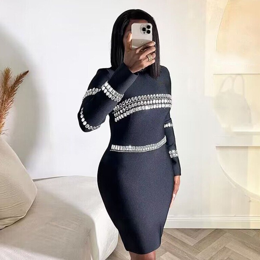 Wholesale new 2024 spring and autumn fashion rhinestone bandage dress elegant temperament tight hip celebrity party dress dress