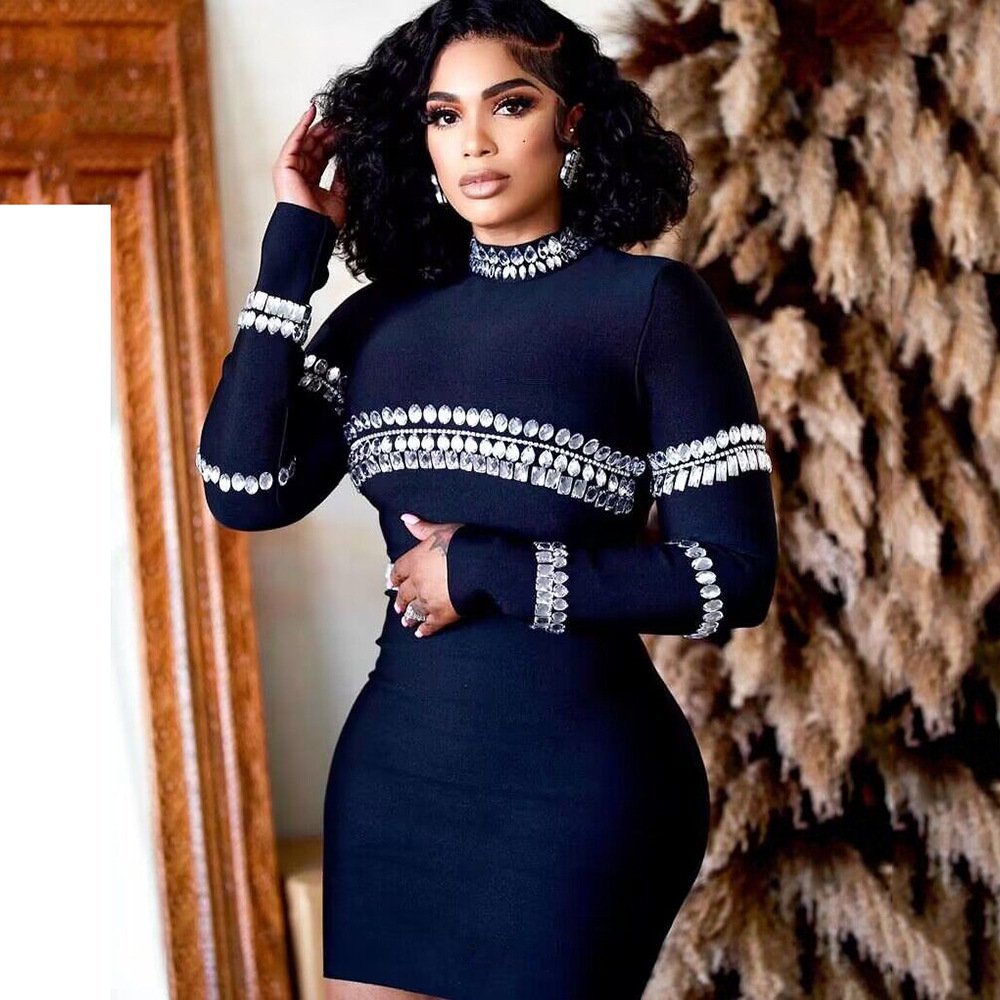 Wholesale new 2024 spring and autumn fashion rhinestone bandage dress elegant temperament tight hip celebrity party dress dress