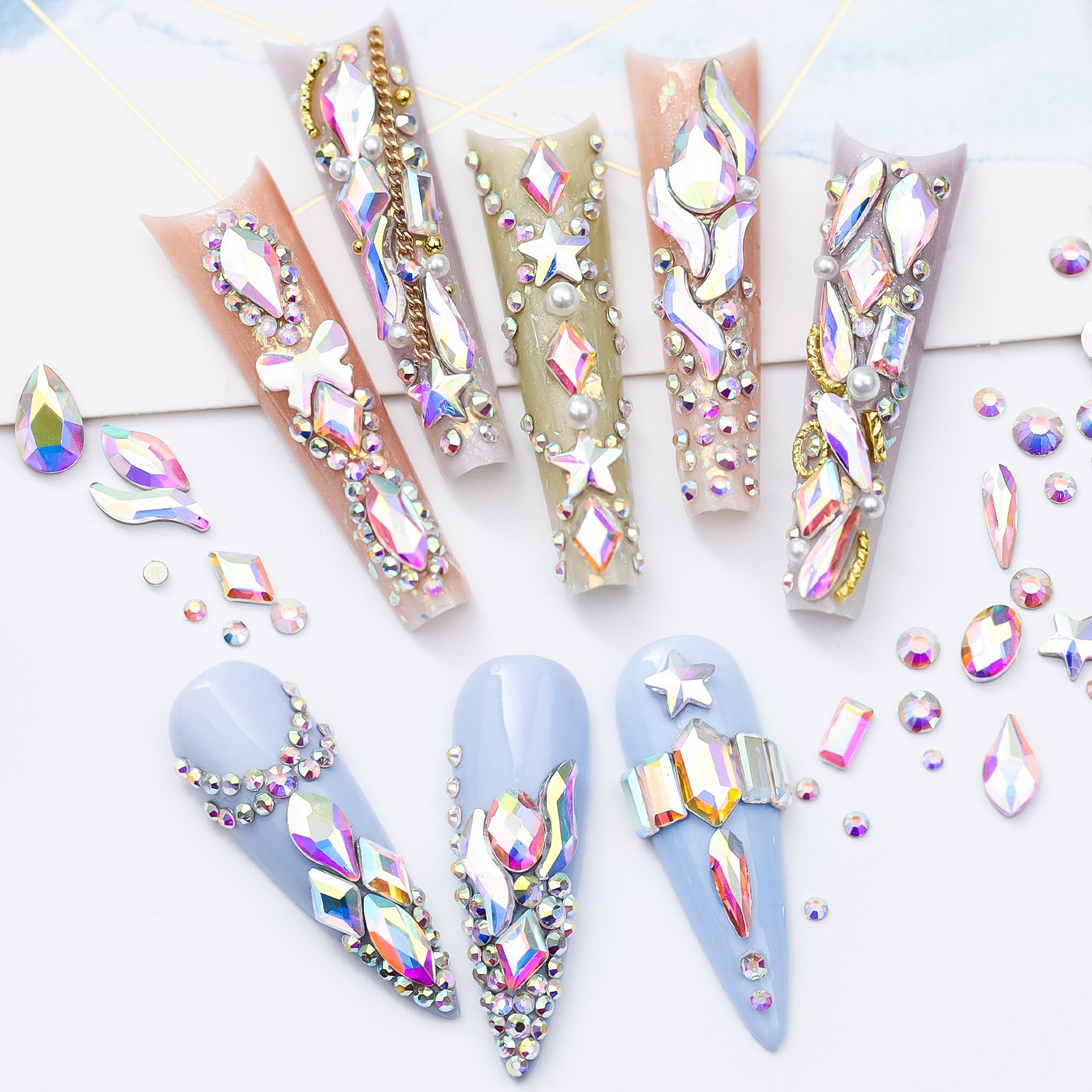 Wholesale 12 Grids Nail Decorations Accessories Glass Beads Silver Ab Color Aurora Mixed Shape Nail Art Rhinestone Set