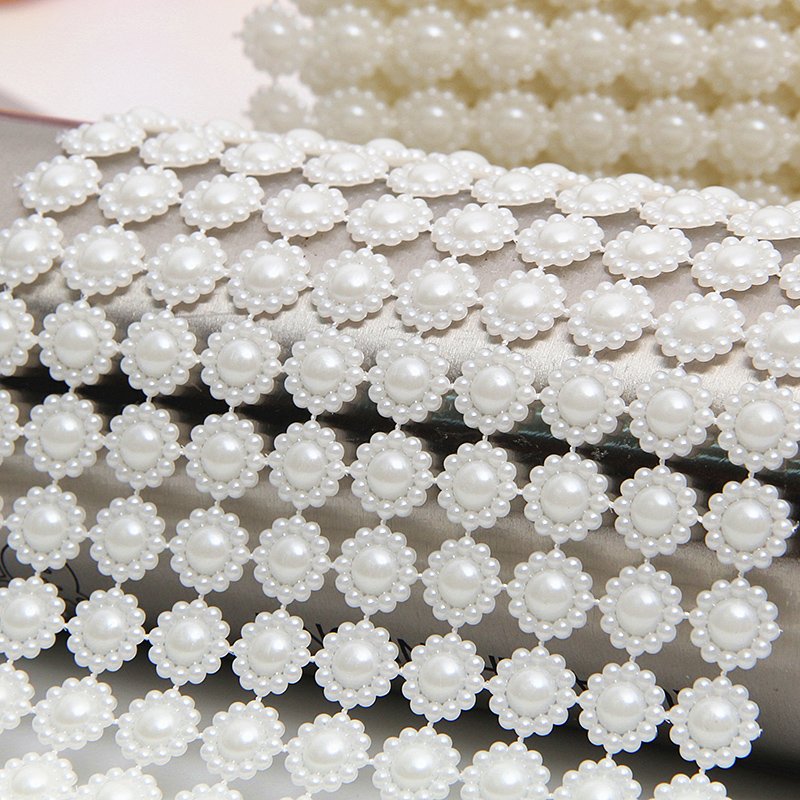 New 10 Rows Plastic Pearl Trim Mesh Rhinestone Ribbon For Wedding Home Textile Decoration Clothing Accessories