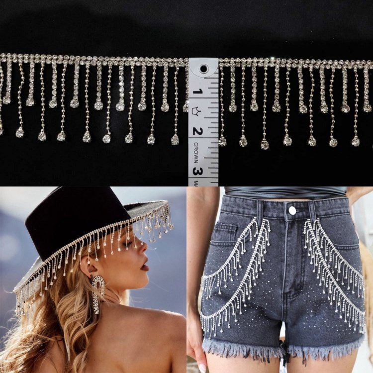 Fashion long Tassel Pendant crystal Trim Silver Rhinestone Fringe Trim Chain Tassel for denim dresses