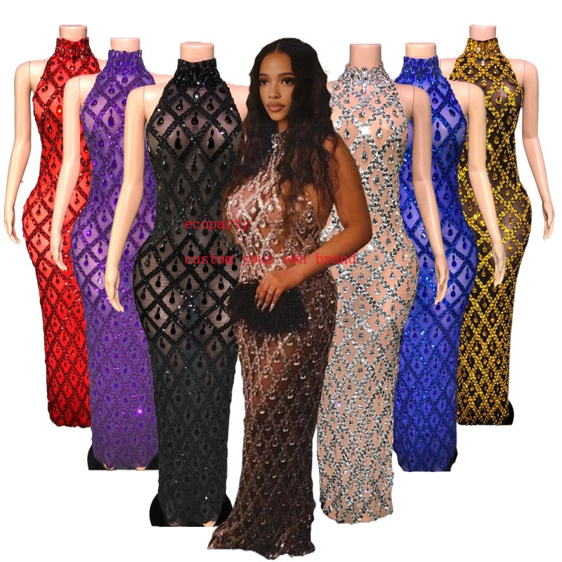 ecoparty Sparkly Rhinestones Sleeveless Long Dress Elegant Dark Mesh Celebrate Evening Wedding Prom Gown Birthday Dresses
