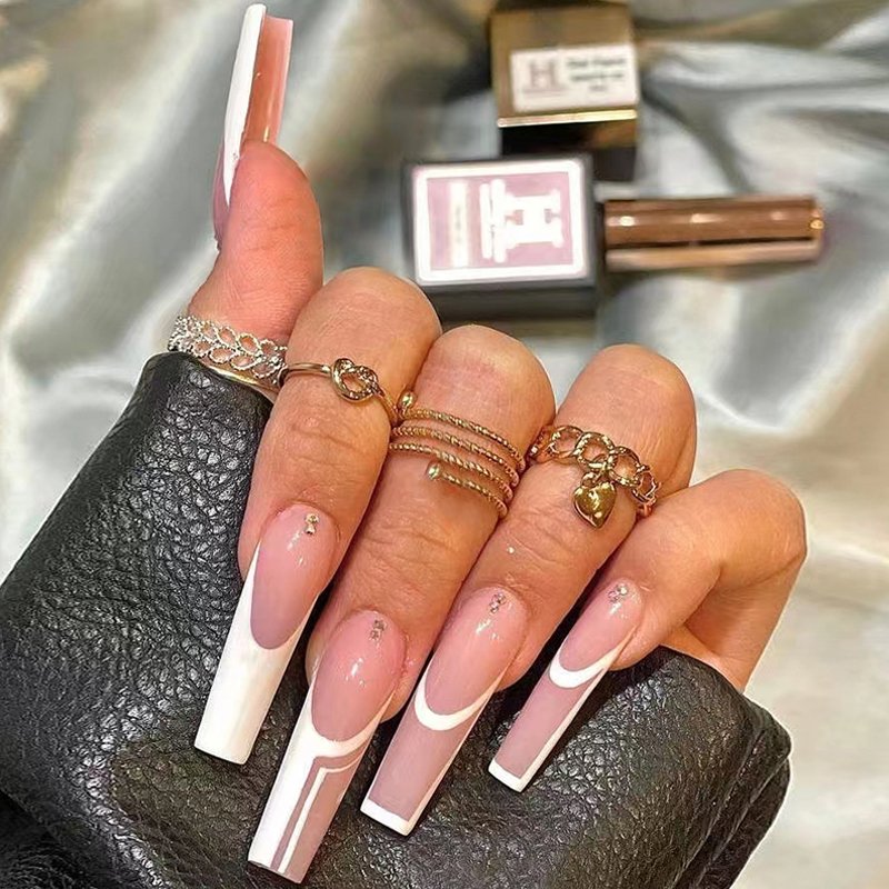 Wholesale Artificial Fingernails Ballerina French Fakenail Crystal Press On Nails With Rhinestones Faux Ongles