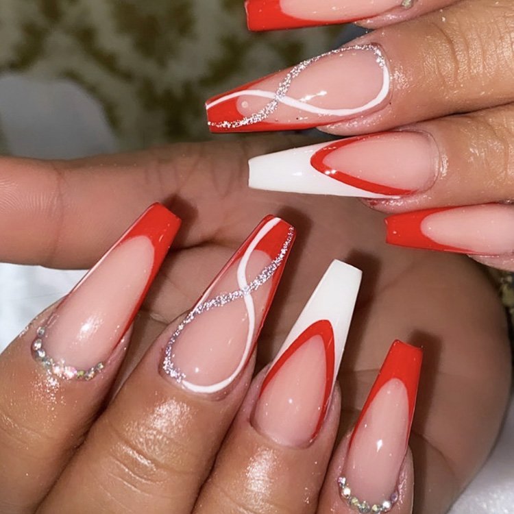 Wholesale Artificial Fingernails Ballerina French Fakenail Crystal Press On Nails With Rhinestones Faux Ongles