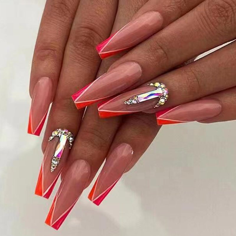 Wholesale Artificial Fingernails Ballerina French Fakenail Crystal Press On Nails With Rhinestones Faux Ongles