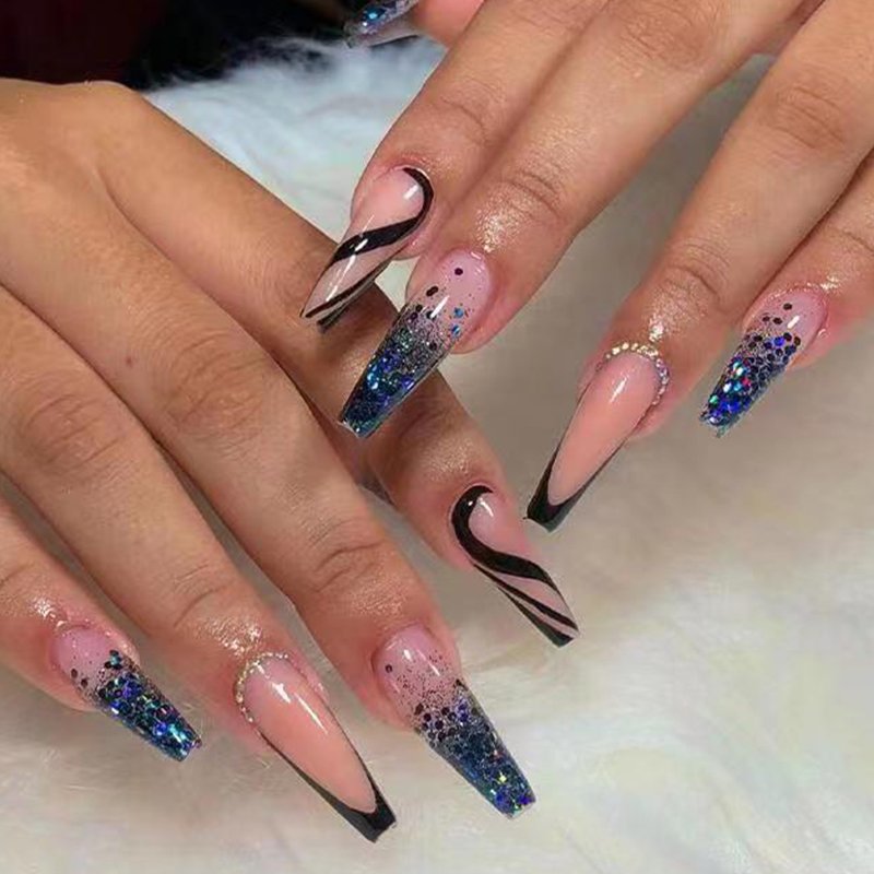 Wholesale Artificial Fingernails Ballerina French Fakenail Crystal Press On Nails With Rhinestones Faux Ongles