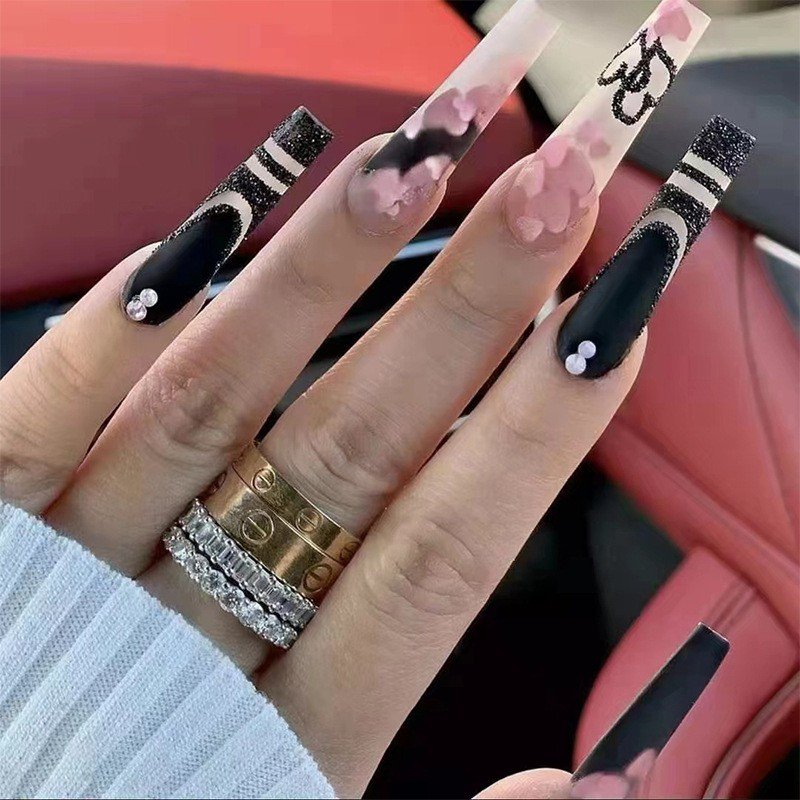 Wholesale Artificial Fingernails Ballerina French Fakenail Crystal Press On Nails With Rhinestones Faux Ongles