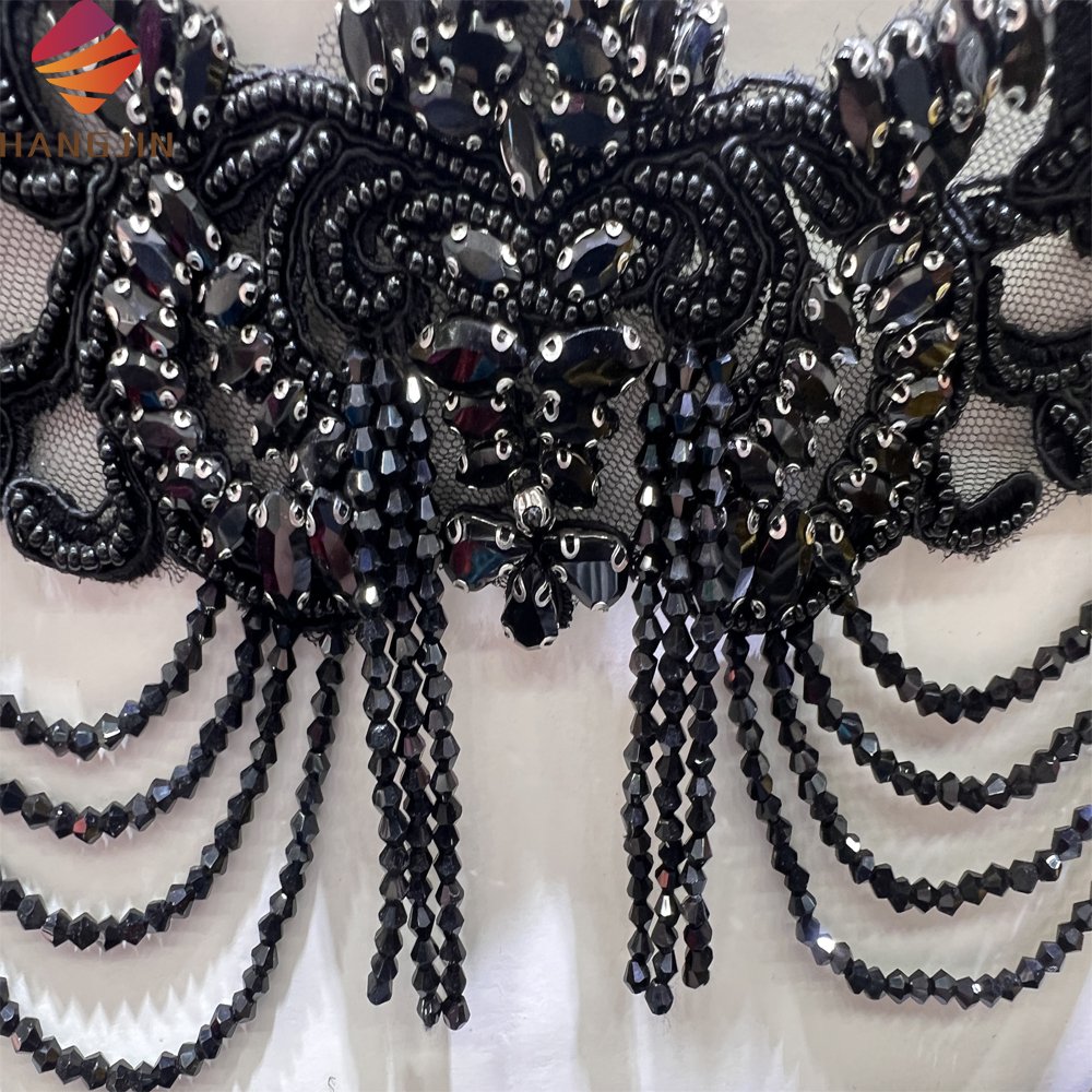 Black Rhinestone Beaded Lace Applique Pair Wedding Gown Bridal Embellishment Accessories Luxury Crystal Bead Bridal Applique
