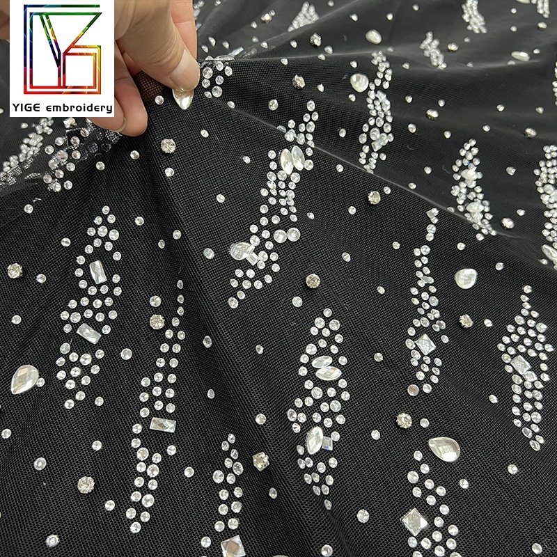 New mesh rhinestone Lace high quality Swarovski crystal fabric Bridal tulle Dress white crystal stones lace fabric