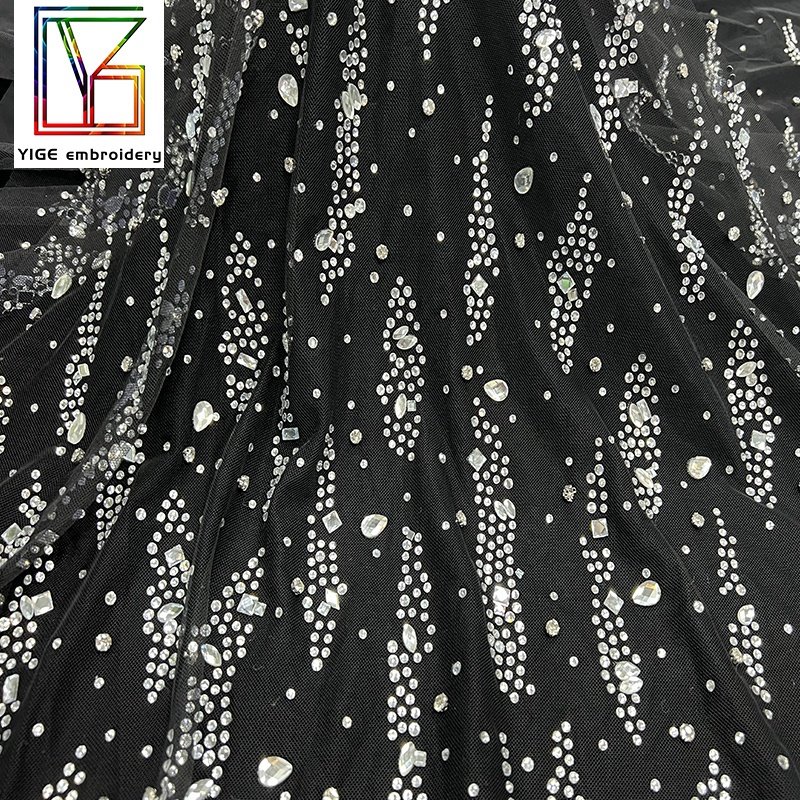 New mesh rhinestone Lace high quality Swarovski crystal fabric Bridal tulle Dress white crystal stones lace fabric