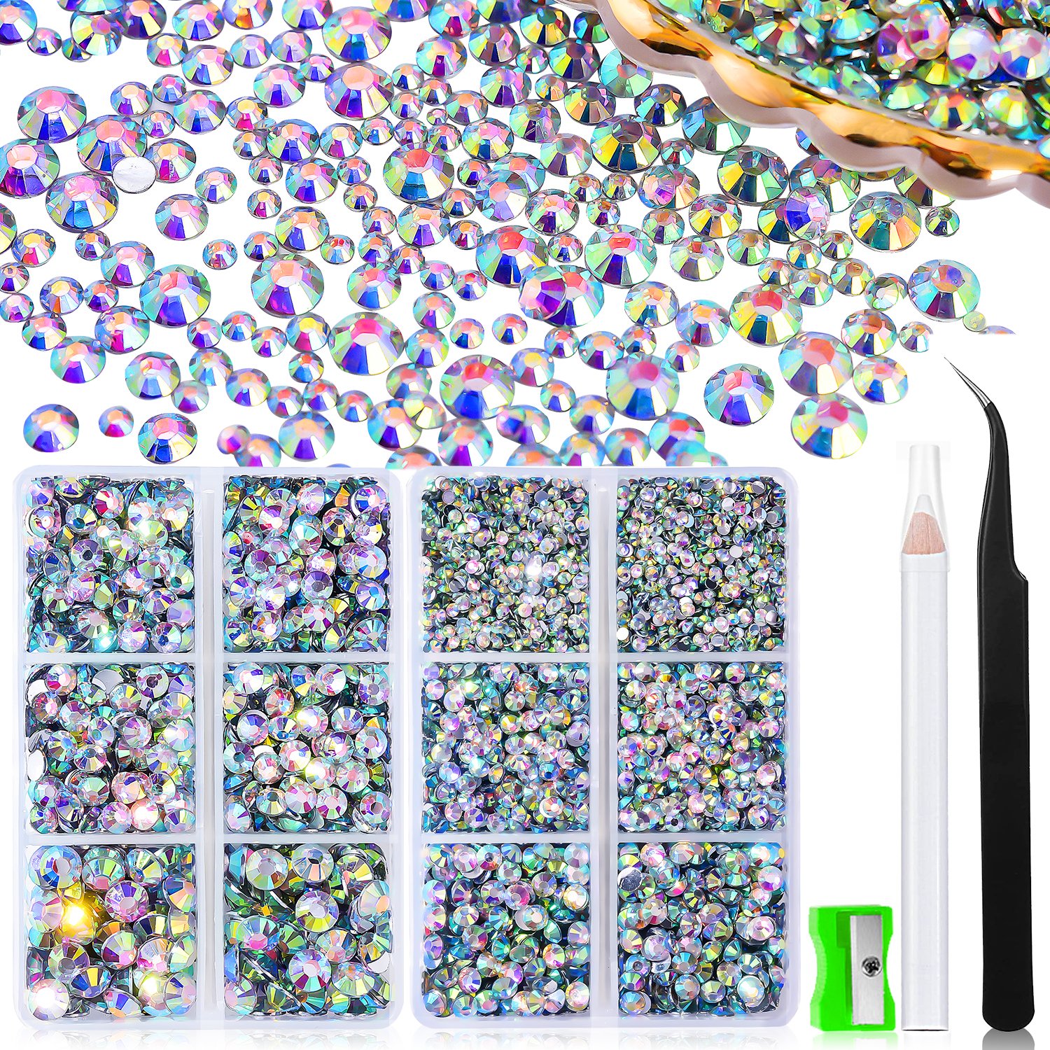 Blinginbox wholesale 6500PCS Boxed AB Jelly Rhinestones SS6-SS30, 6-Grid Storage for Jewelry, Shoes, and Cup Decoration