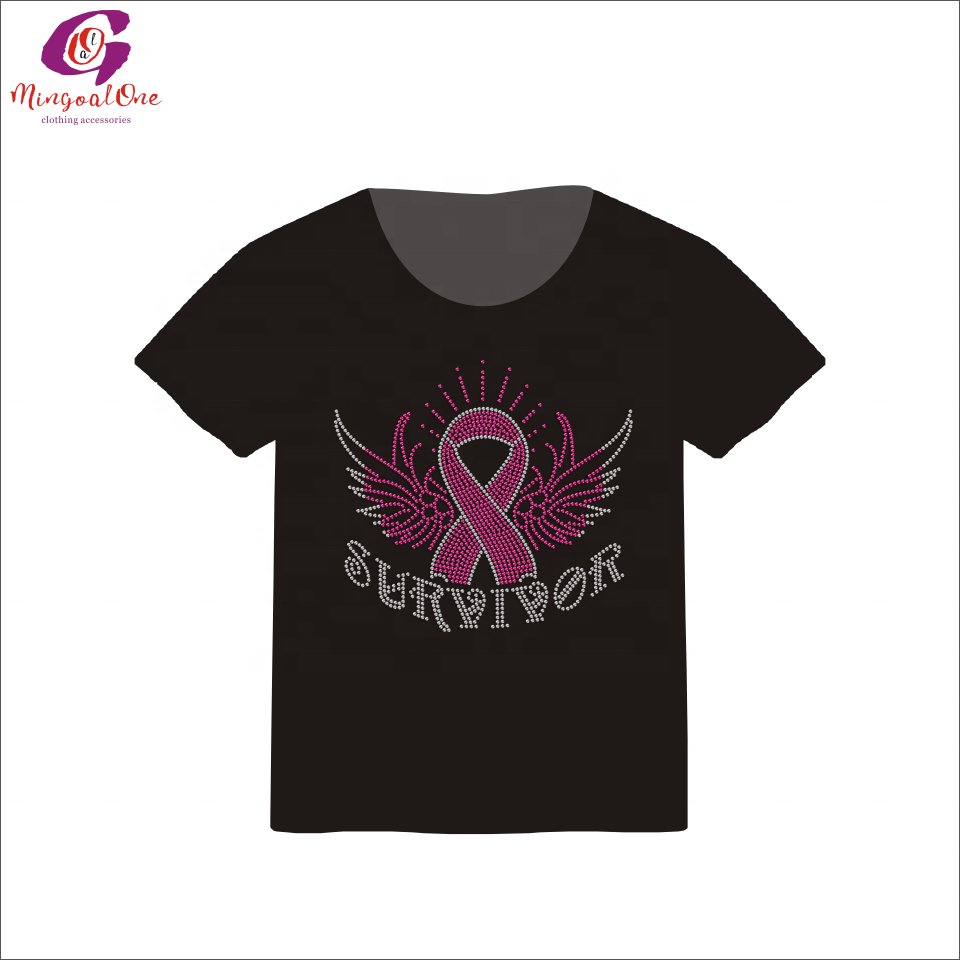 Recommend Fashion Custom SURVIVOR Pink Ribbon Rhinestone Heat Transfer Shiny Cancer Ribbon Hot Fix Rhinestone Transfer Design
