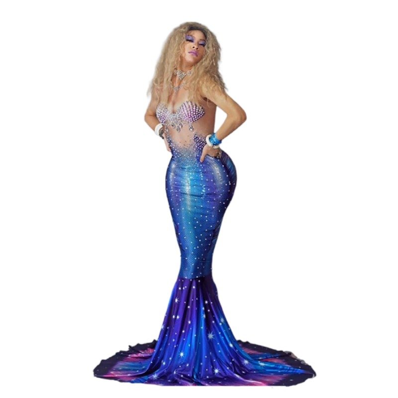 Designer Sexy Mermaid Cosplay Costumes Sleeveless Pearls Rhinestones Wedding Party Dress Women Evening Gown Trailing Prom Dress