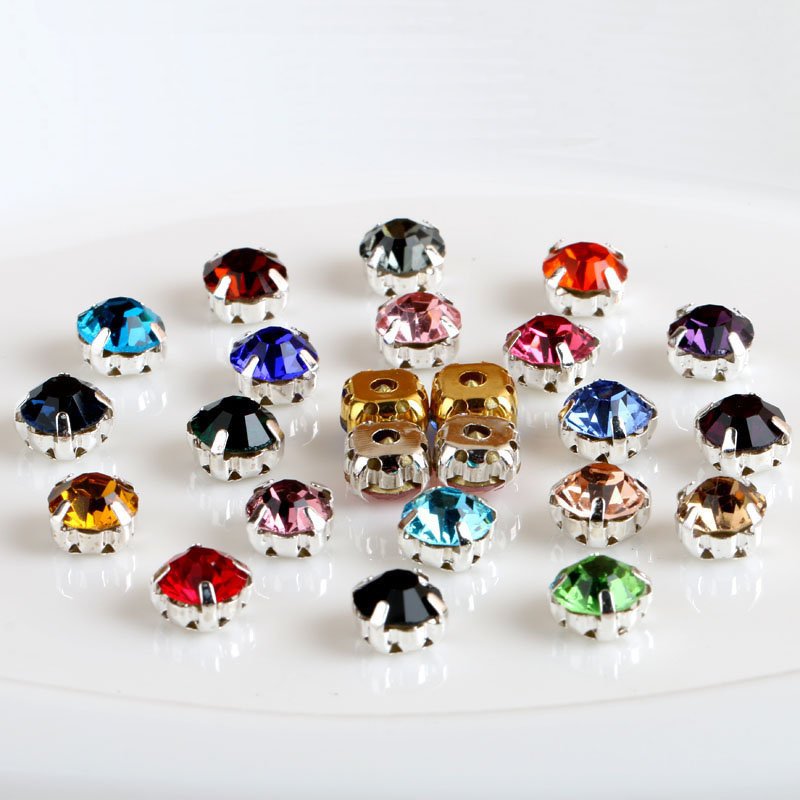 Prong Sew on Strass Beads Crystals Rhinestones in Sliver Round Colorful Glass with Plated Flatback Opp Bag Colors 2 Bags Claw