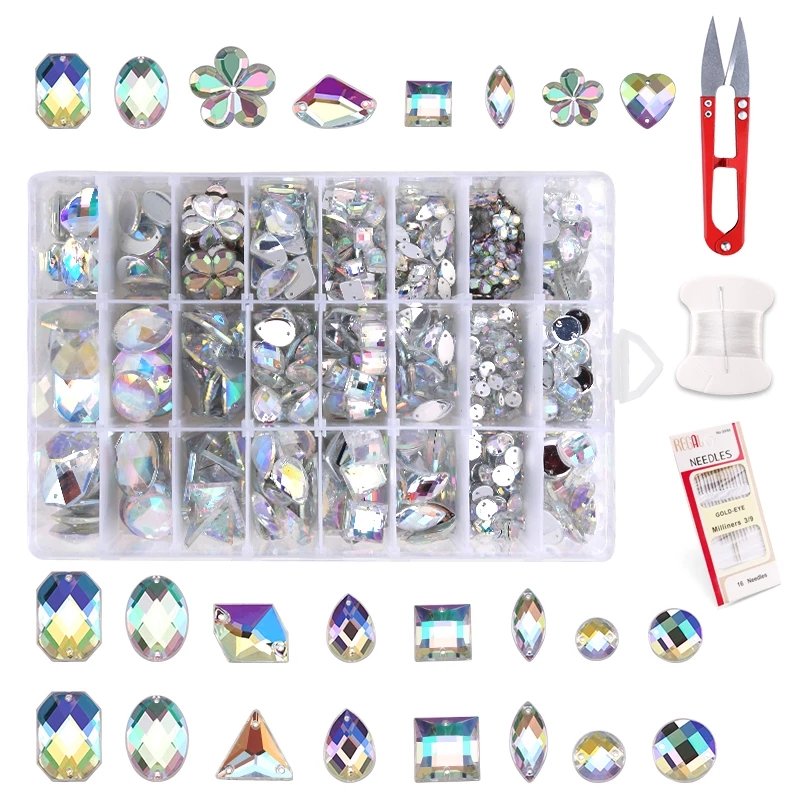 700pcs/box 2 Holes Sewing Rhinestone Acrylic Strass Diamond Beads Many Shape Flatback Resin Crystal Rhinestones For Decorations