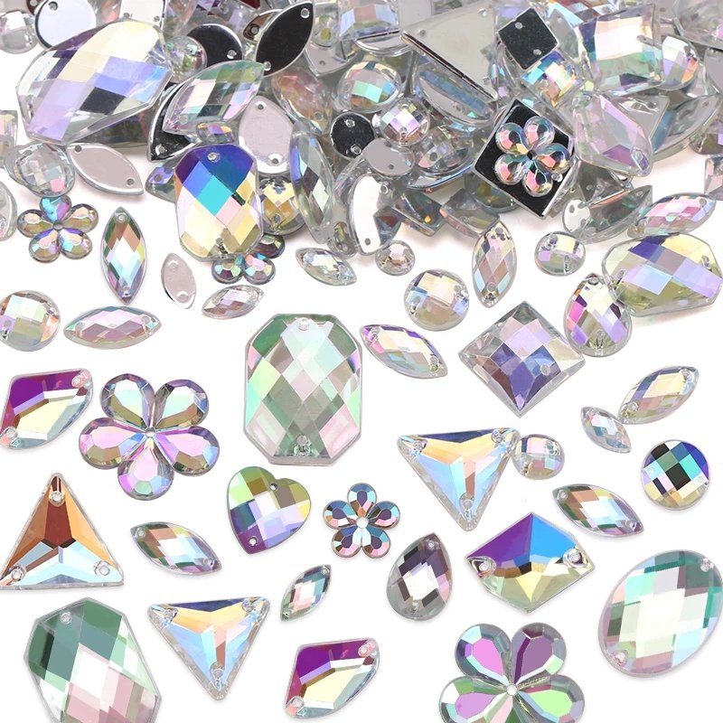 700pcs/box 2 Holes Sewing Rhinestone Acrylic Strass Diamond Beads Many Shape Flatback Resin Crystal Rhinestones For Decorations