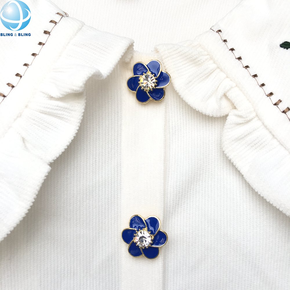 Ground Breaking Button Ornament Royal Blue Enamel Flower Rhinestone Button Covers Blouses Cufflink For Women Fall Fashion Shirt