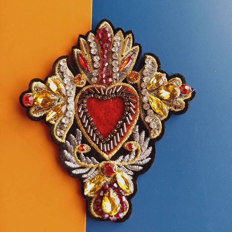 Custom 3D Luxury Heart Cross Beaded Rhinestone Patches Clothes Decorative Patch Iron On Rhinestone Beaded Patch
