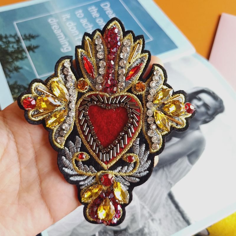 Custom 3D Luxury Heart Cross Beaded Rhinestone Patches Clothes Decorative Patch Iron On Rhinestone Beaded Patch