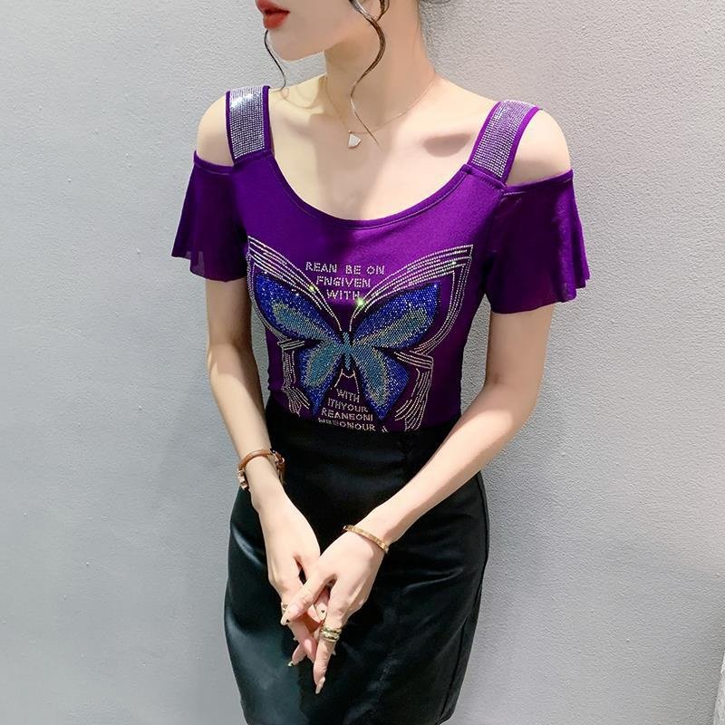 High quality Women butterfly Letter Print Rhinestone Shiny Sequined Clothes Tee Tops Nightclub Short Sleeve Shirts Party T-shirt