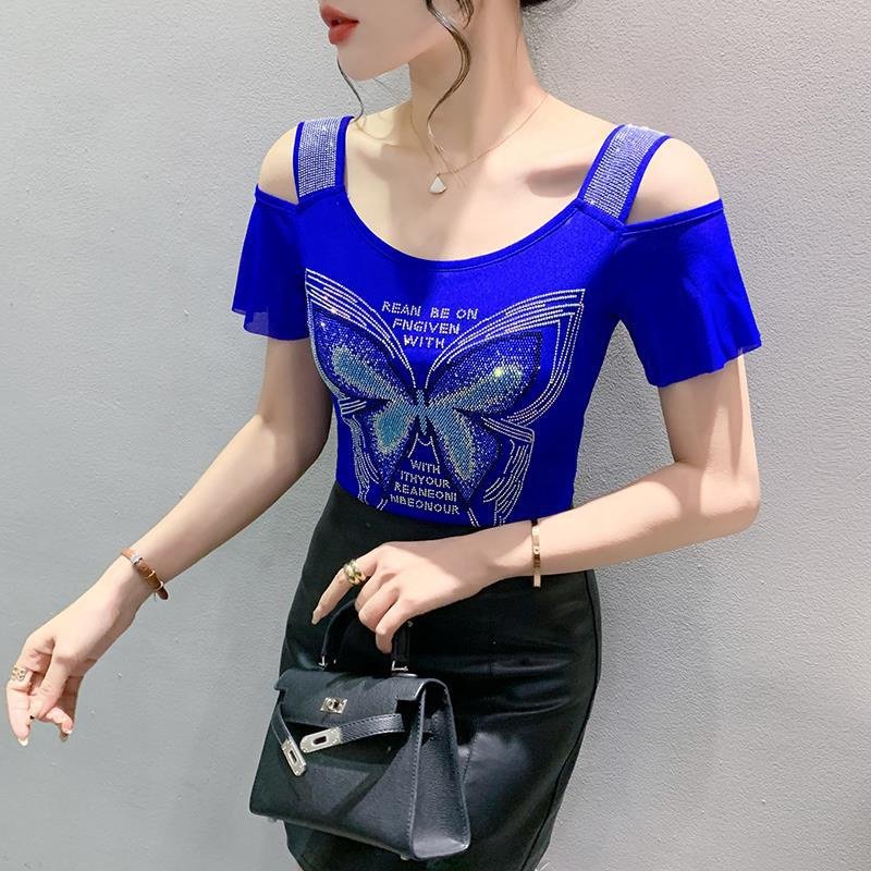 High quality Women butterfly Letter Print Rhinestone Shiny Sequined Clothes Tee Tops Nightclub Short Sleeve Shirts Party T-shirt