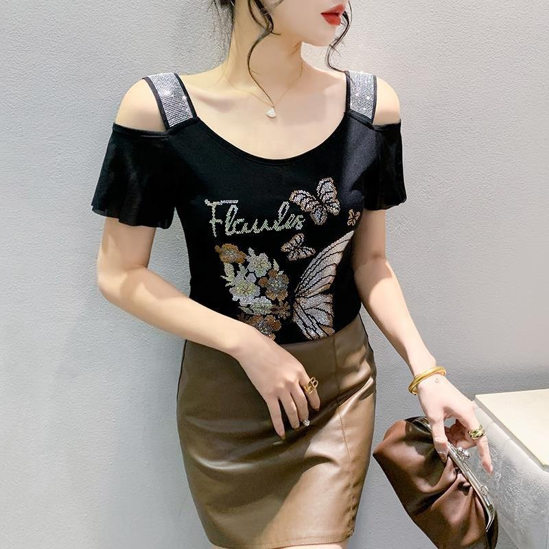 High quality Women butterfly Letter Print Rhinestone Shiny Sequined Clothes Tee Tops Nightclub Short Sleeve Shirts Party T-shirt