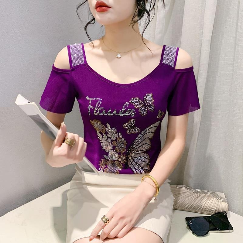 High quality Women butterfly Letter Print Rhinestone Shiny Sequined Clothes Tee Tops Nightclub Short Sleeve Shirts Party T-shirt