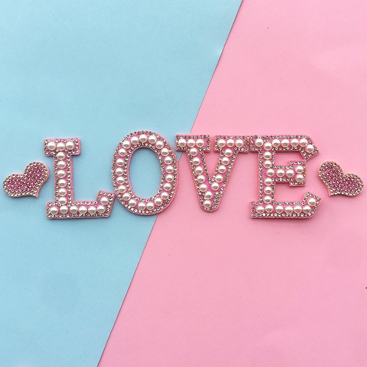 Pink Alphabet Pearl Rhinestone Words Ironing on Patches Applique 3D Handmade DIY Patch Cute Initial Letter Patches for Clothing